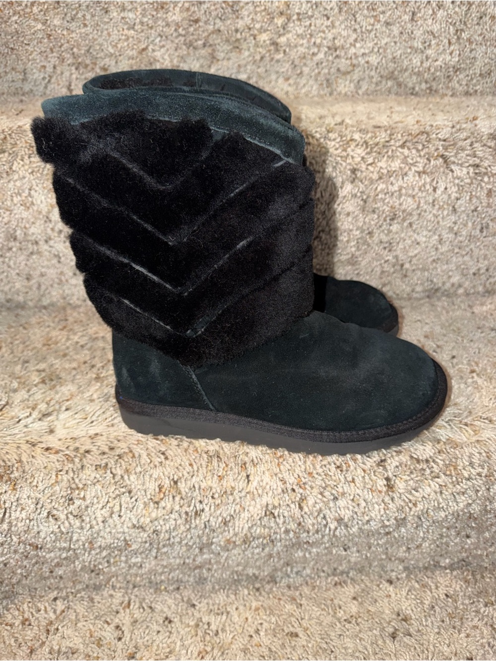 UGG Black Suede Mid-Calf Faux-Fur Chevron Boots